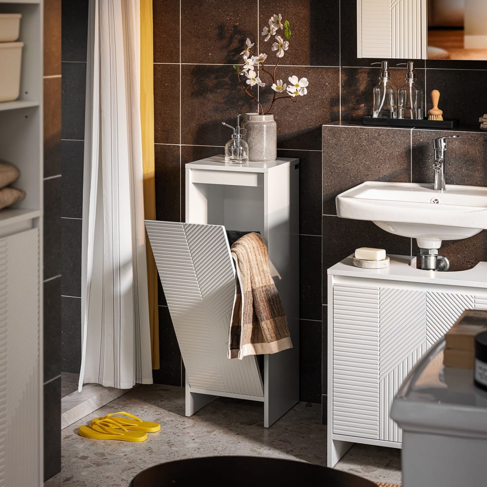 Meuble de rangement avec 1 panier à linge amovible effet bois blanc