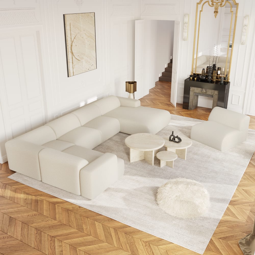 Canapé panoramique droit 7 places en tissu bouclette crème - Maisons du Monde