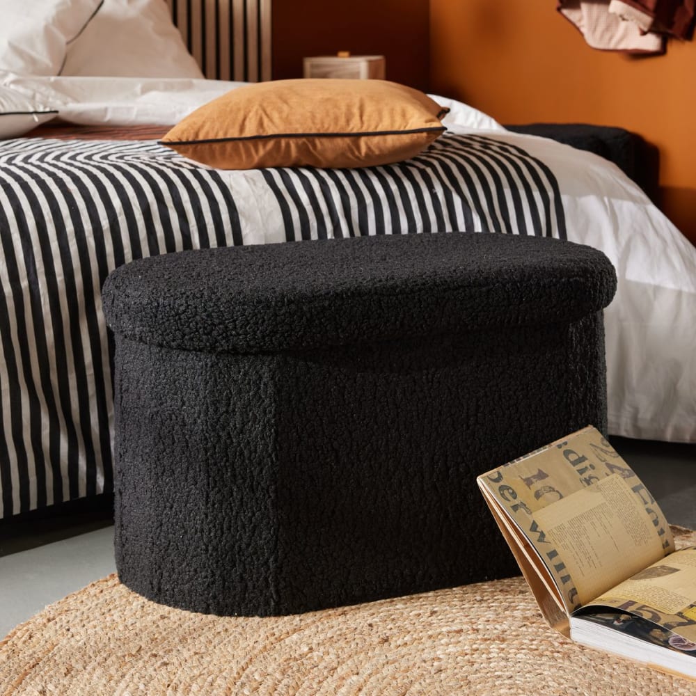 Factory Banc coffre ovale en tissu bouclette 72x39 cm noir - Bois