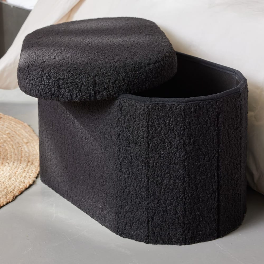 Banc coffre ovale en tissu bouclette  72x39 cm noir
