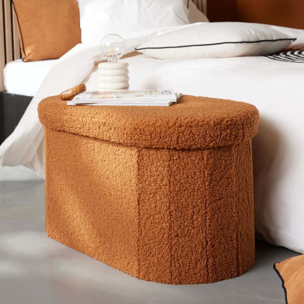 Factory Banc coffre ovale en tissu bouclette 72x39 cm marron - Bois