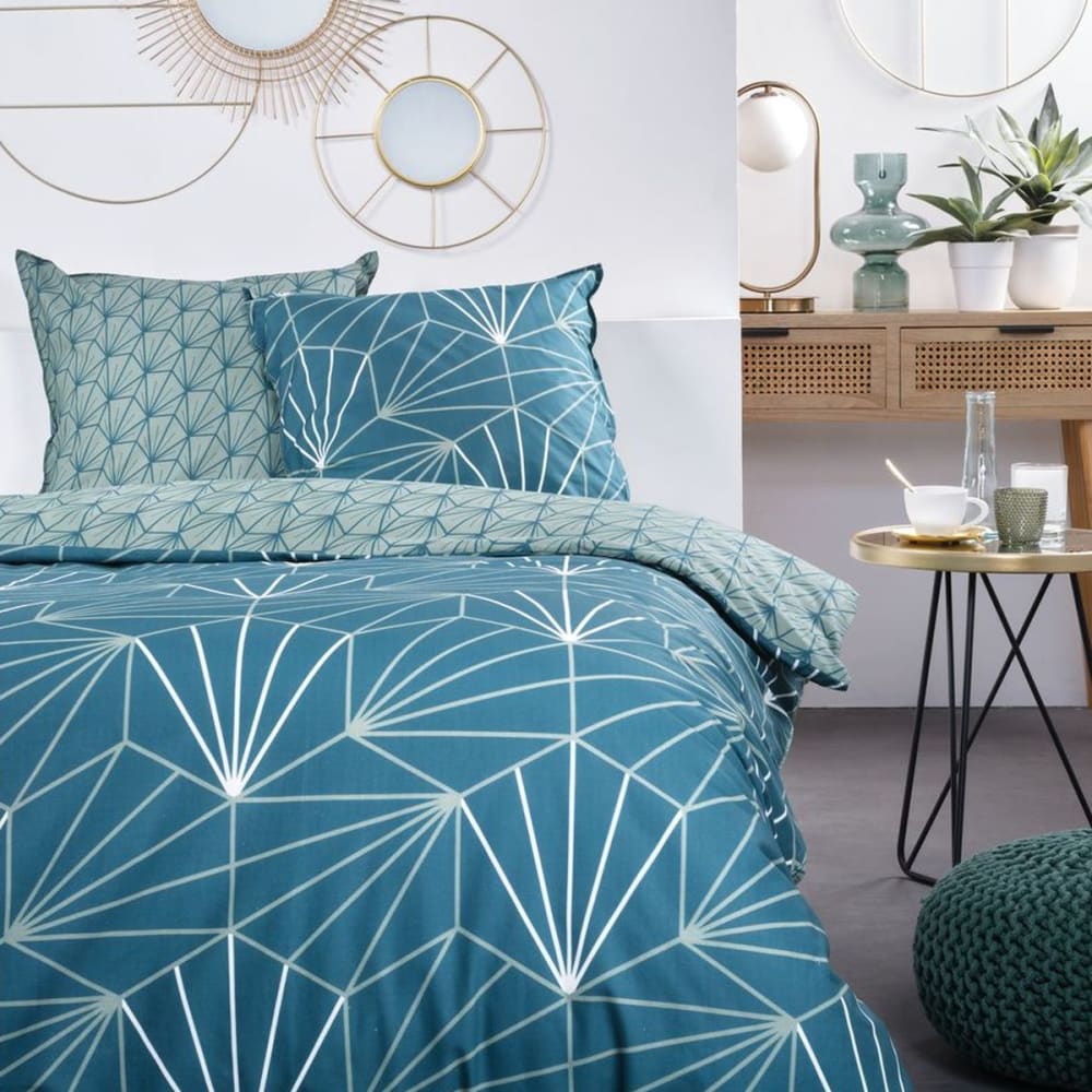 Parure de lit avec zip et imprimé Géométrique  135x200 cm Bleu