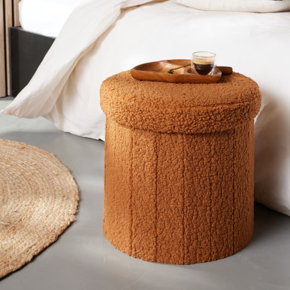 Pouf coffre rond en tissu bouclette  38x38 cm marron