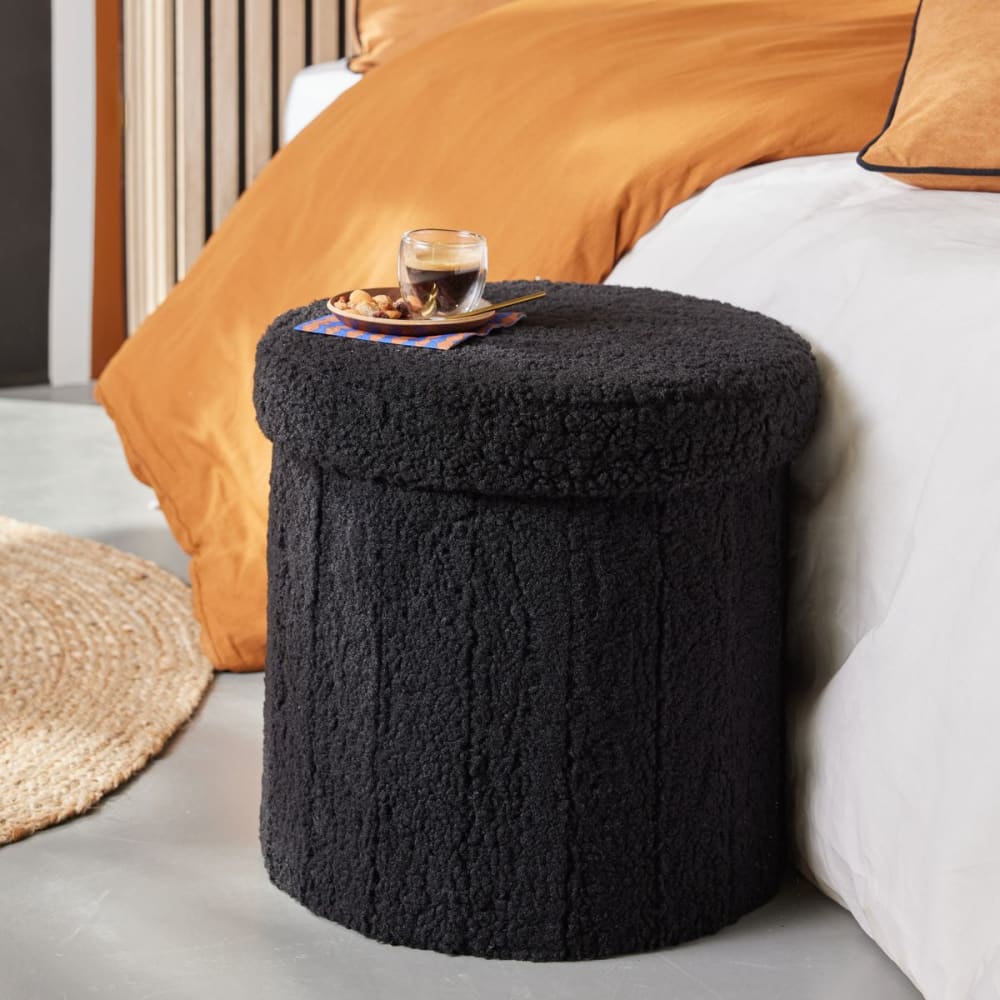 Pouf coffre rond en tissu bouclette  38x38 cm noir
