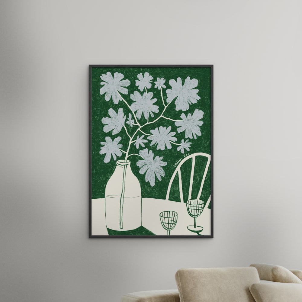 Affiche ''Blue Flowers & Red Wine'' Cadre noir - 50x70 cm