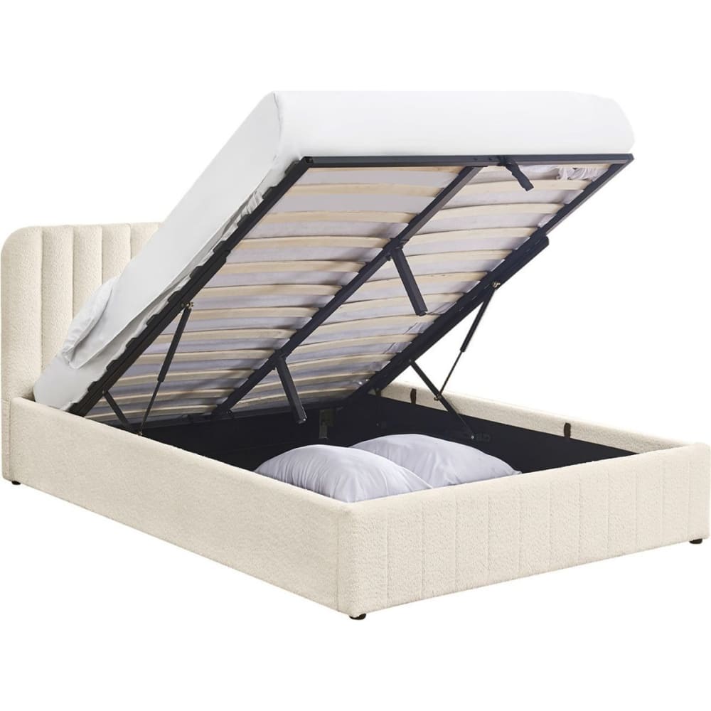 Lit coffre 140x190 cm avec tête de lit en tissu bouclé beige