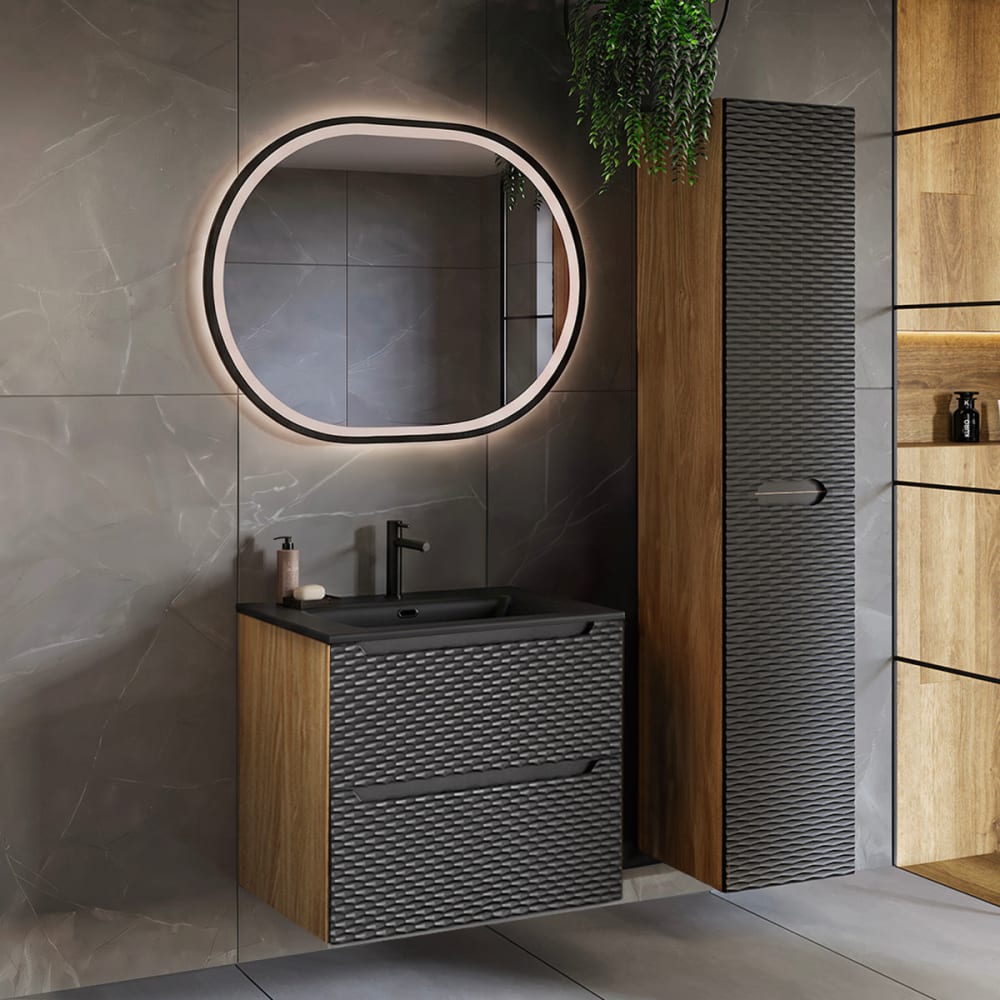 Petits meubles Set aus Einzelmöbel Einbauwaschbecken Melamin Schwarz und Holz Schwarz Spanplatte