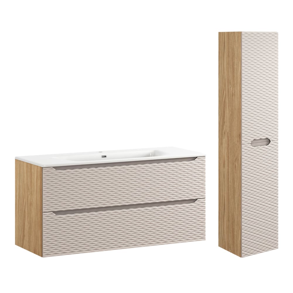 Ensemble meuble vasque encastrée 2 tiroirs colonne stratifiés beige