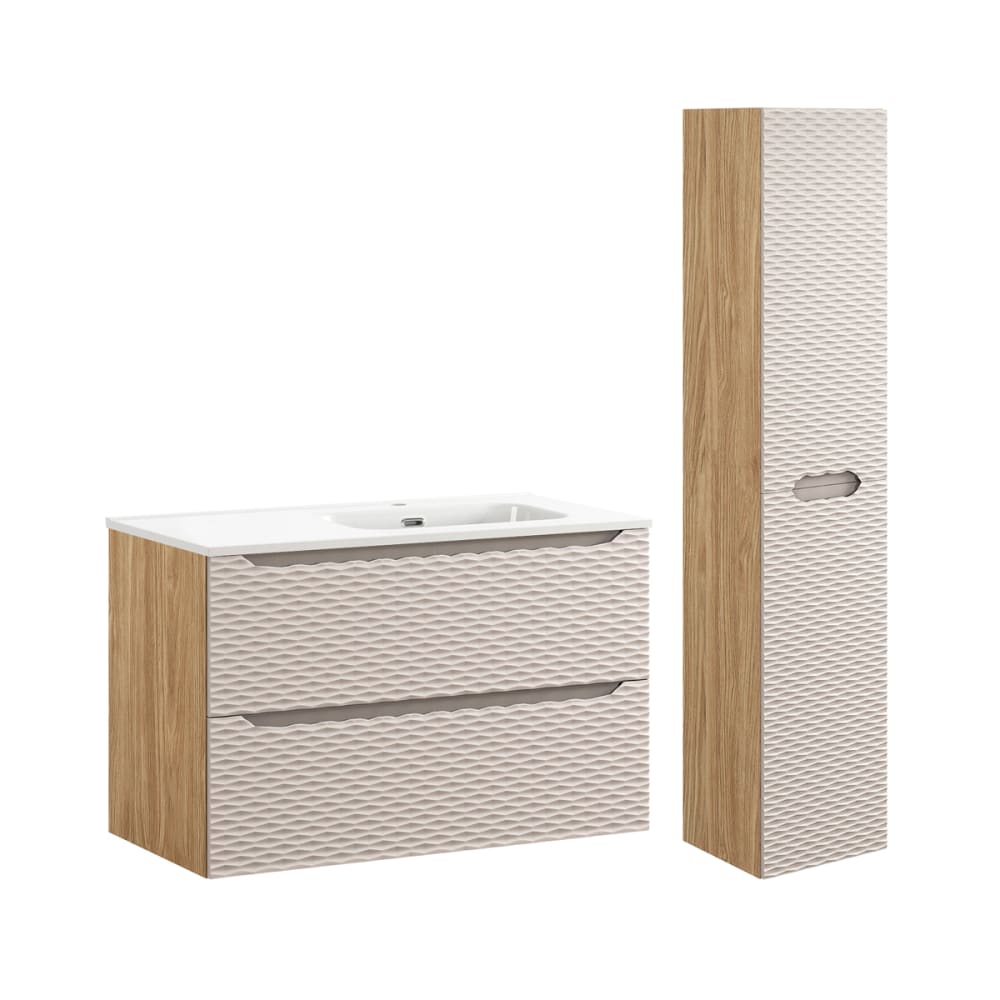 Ensemble meuble vasque encastrée droite 90cm colonne stratifiés beige