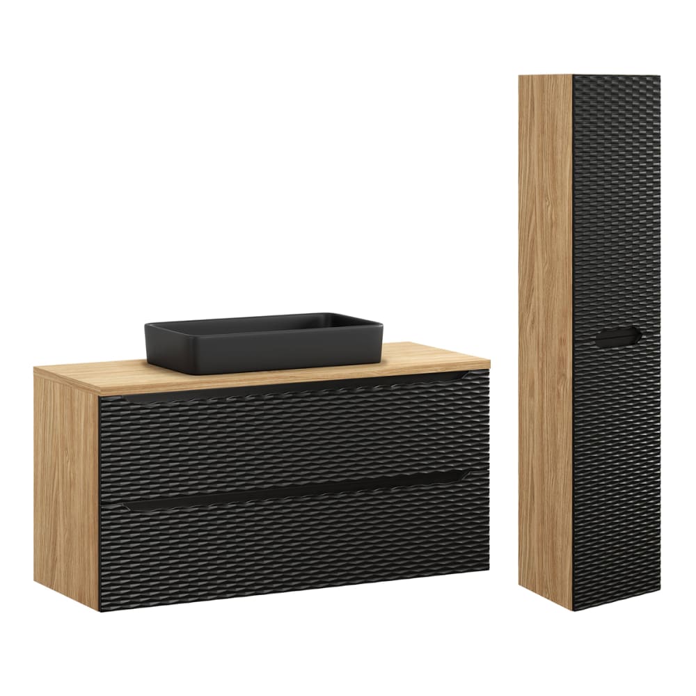 Ensemble meuble vasque 2 tiroirs colonne stratifiés noir et beige