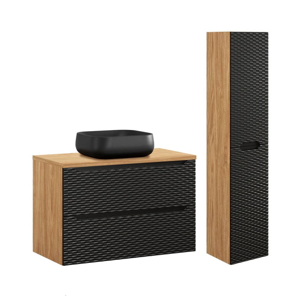 Set aus Einzelwaschtisch 90cm Melamin Schwarz und Holz - Maisons