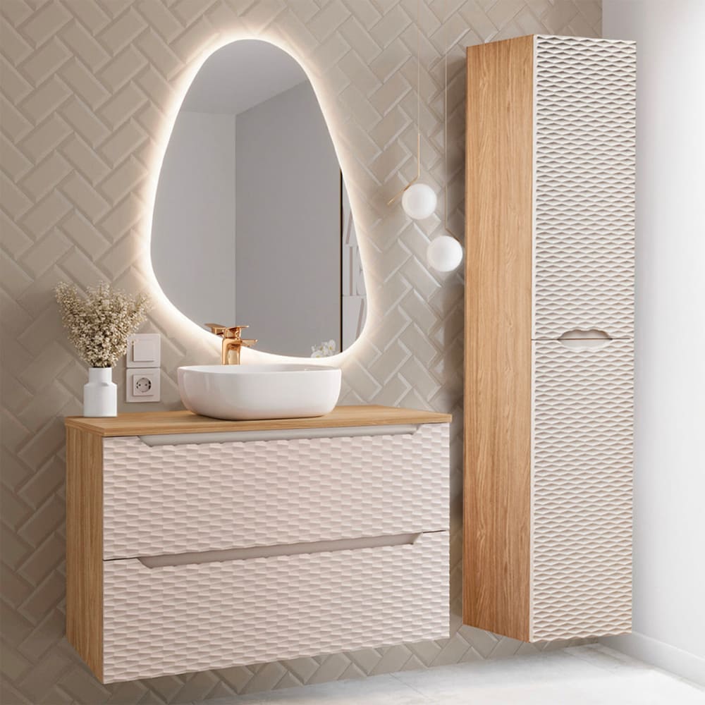 Petits meubles Set aus Einzelwaschtisch 90cm Melamin Beige und Holz Beige Spanplatte