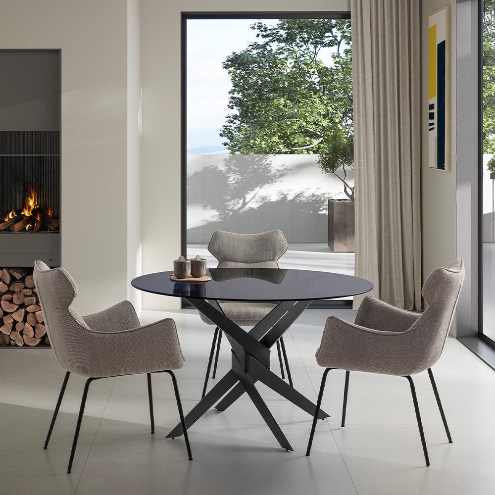 Table à manger 4 personnes en verre trempé et métal - Noir