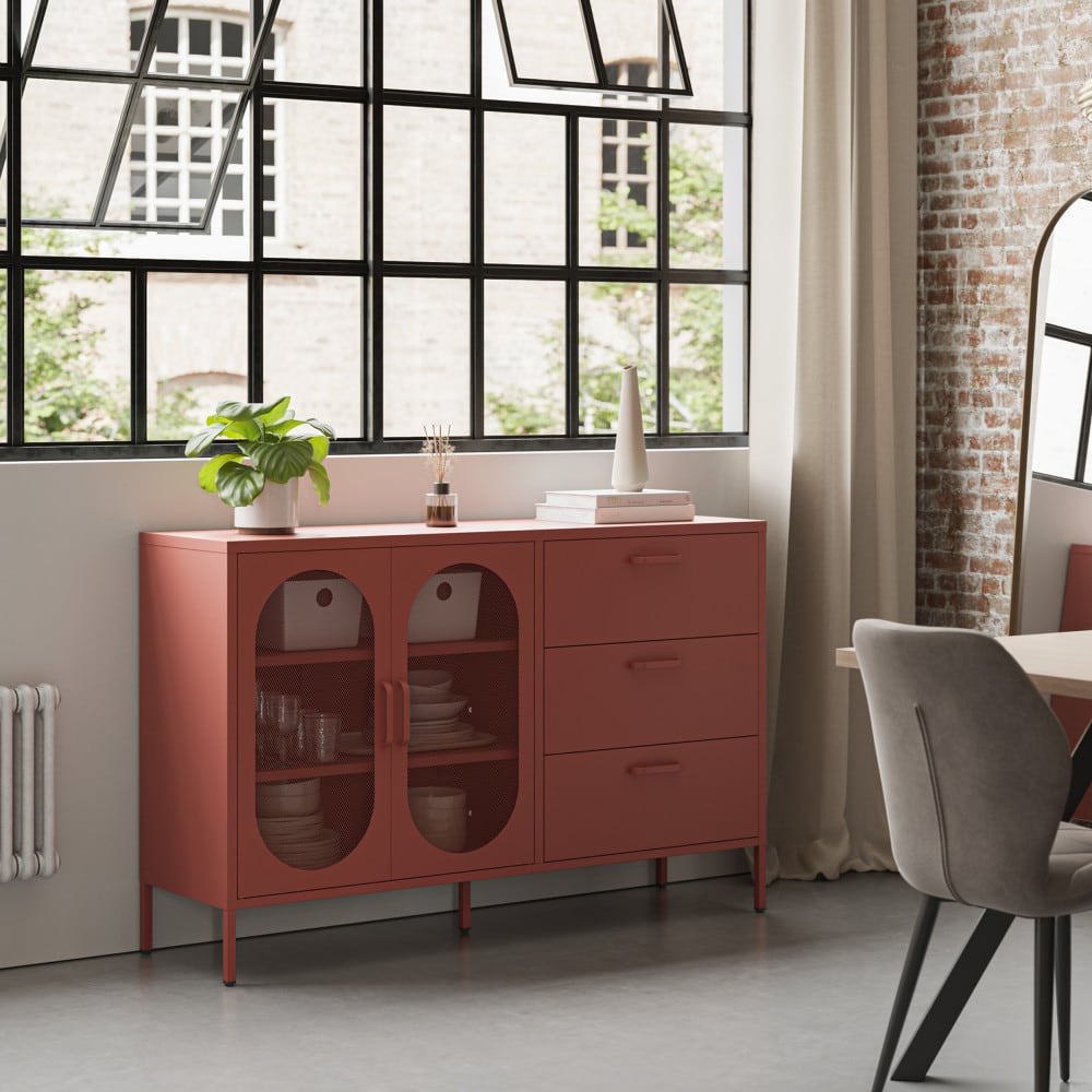 Buffet 2 portes 3 tiroirs en métal l140cm - terracotta - Maisons du Monde