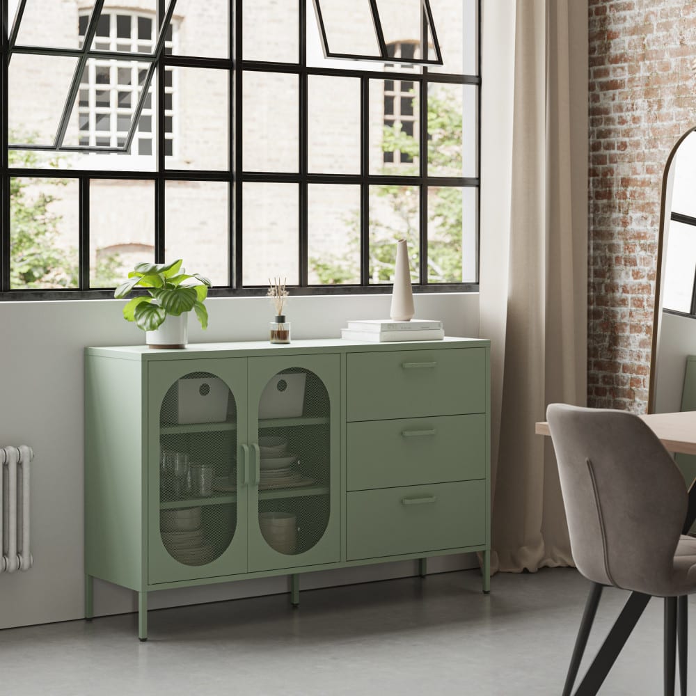 Buffet 2 portes 3 tiroirs en métal l140cm - vert menthe