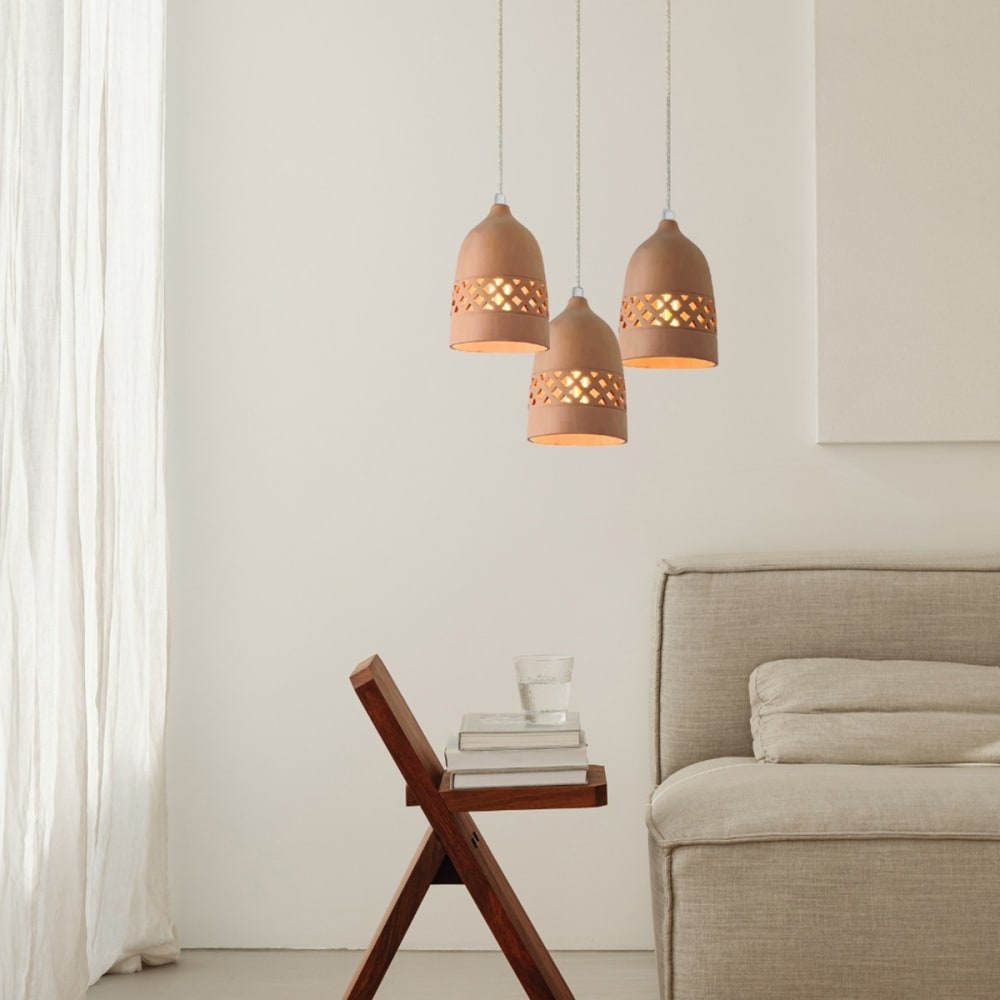 Suspension en terre cuite motif grec avec câble lin d.14cm - Maisons du Monde