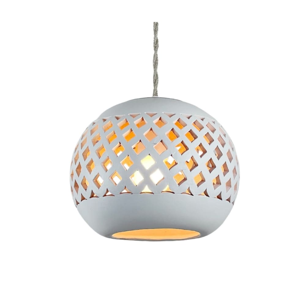 Suspension en terre cuite blanche avec câble torsadé lin D.22cm