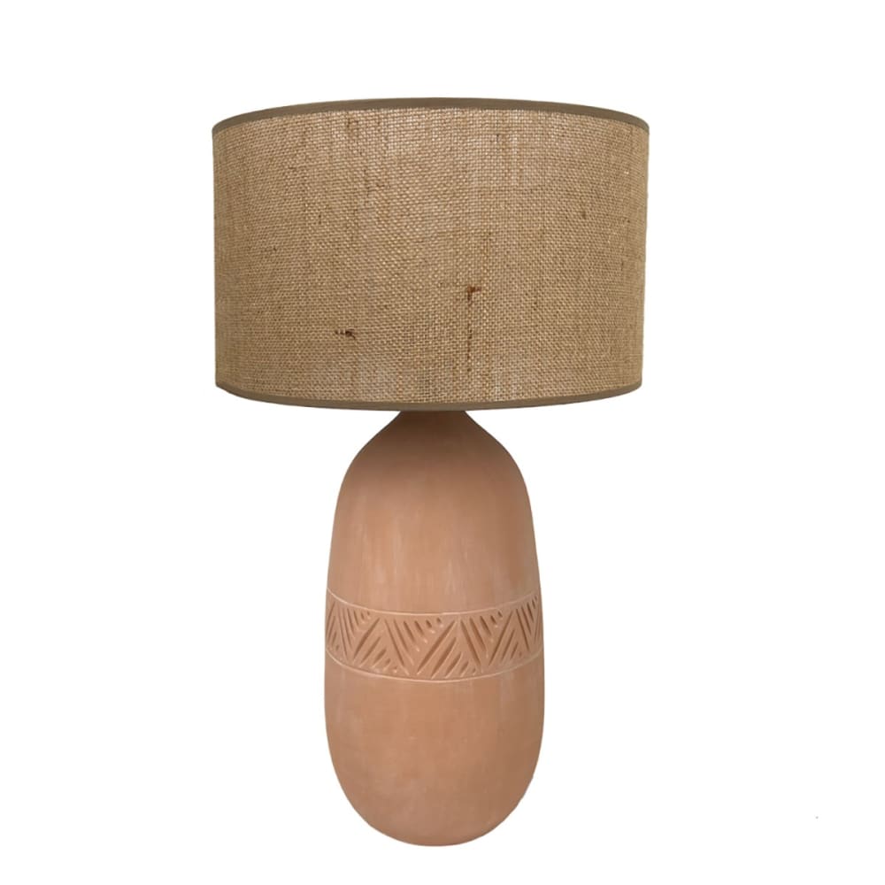Lampe inca en terre cuite avec abat-jour jute naturel H. 47cm