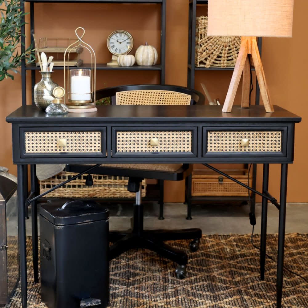 Table de bureau secrétaire en rotin et fer noir antique 110 x 42 x80cm - Maisons du Monde