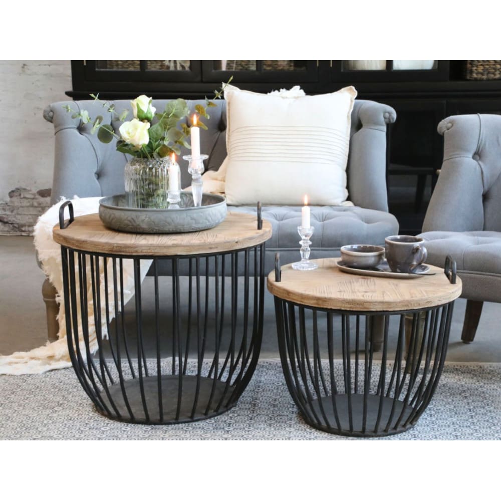 Set de 2 tables basses en bois de cyprès noir et marron ø.57 x ht.48cm - Maisons du Monde
