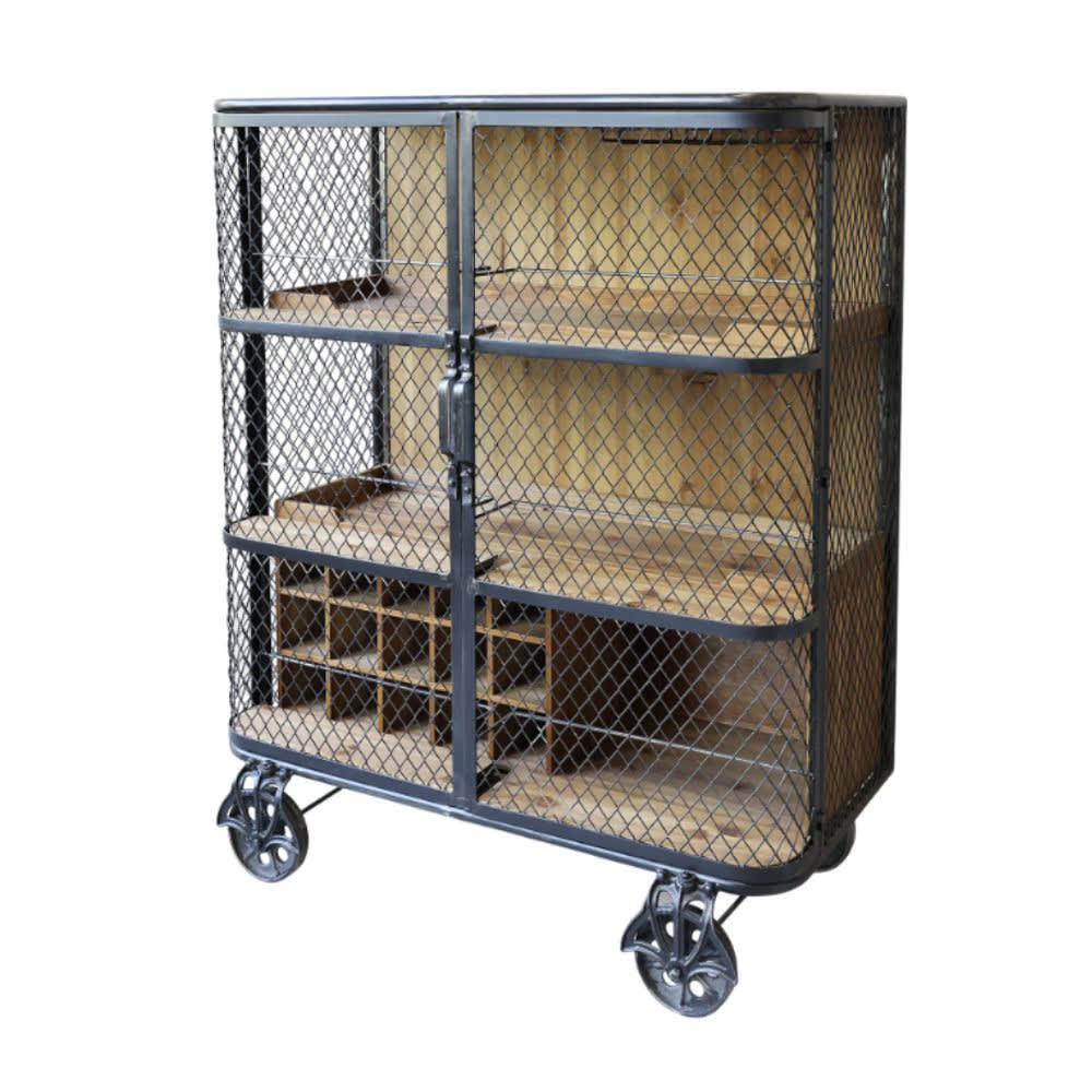 Meuble desserte roulettes chariot cuisine bois marron fer noir 116.5cm