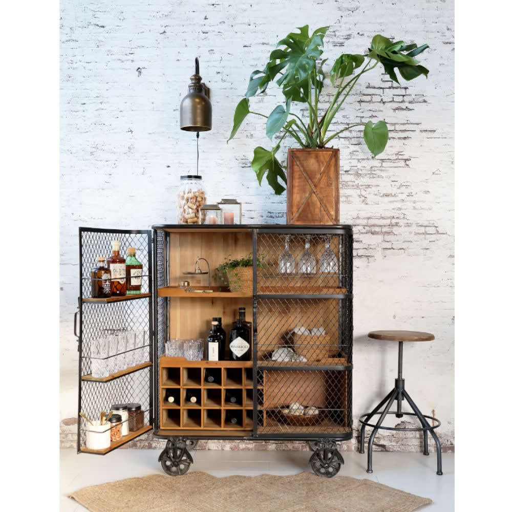 Meuble desserte roulettes chariot cuisine bois marron fer noir 116.5cm