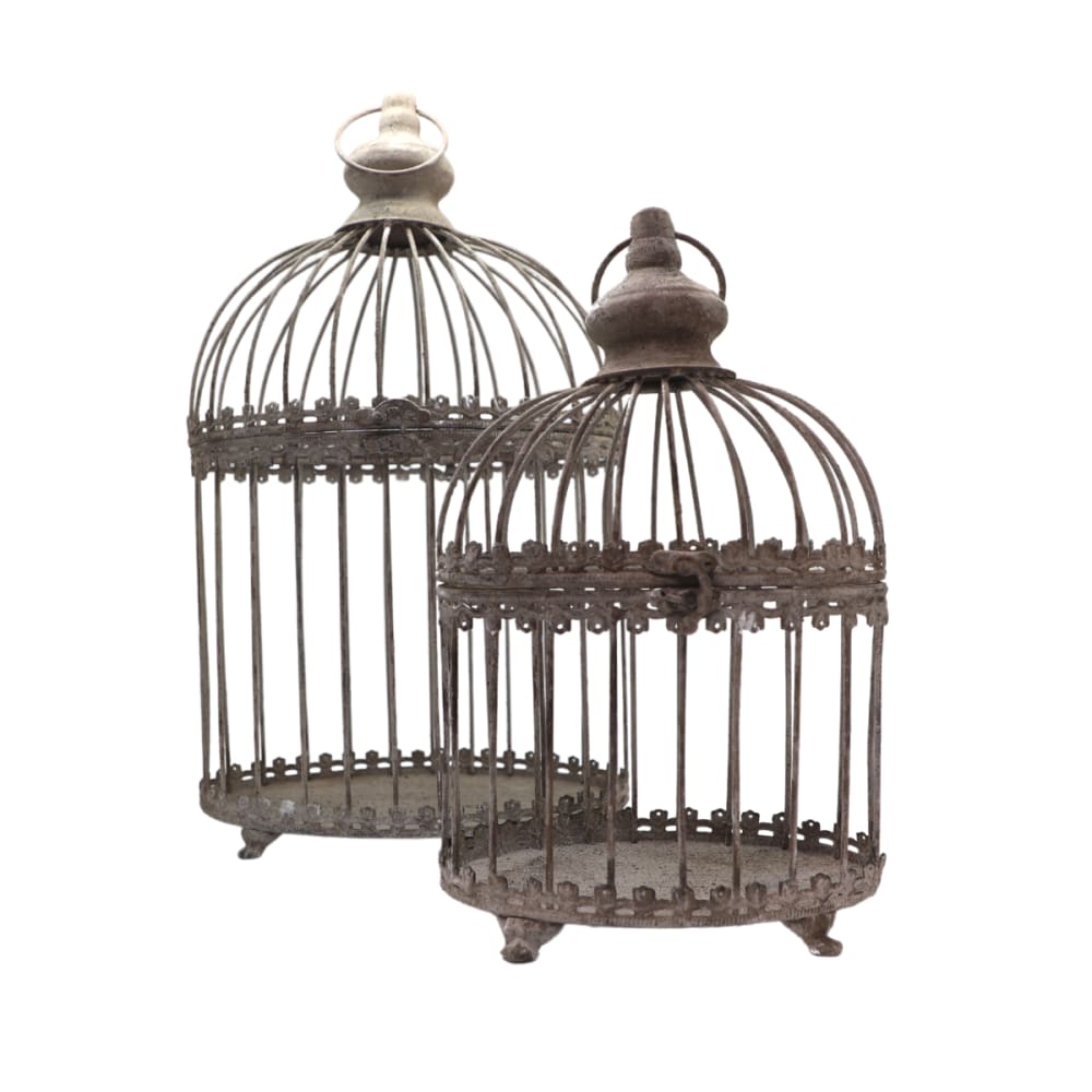 Set de 2 cages à oiseaux bougeoir métal gris Ht.46.5 33.5 cm