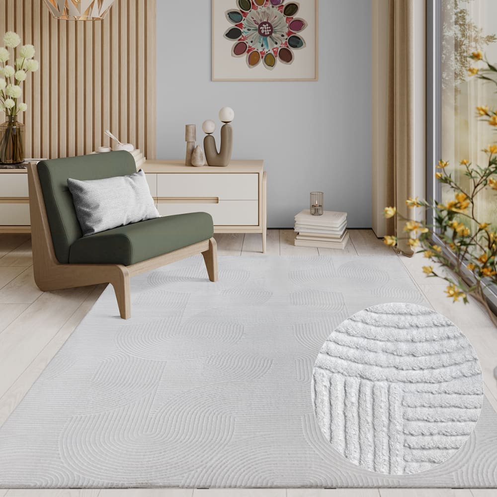 Tapis moderne antidérapant salon optique 3D, blanc sale, 80 x 150 cm — vue 4