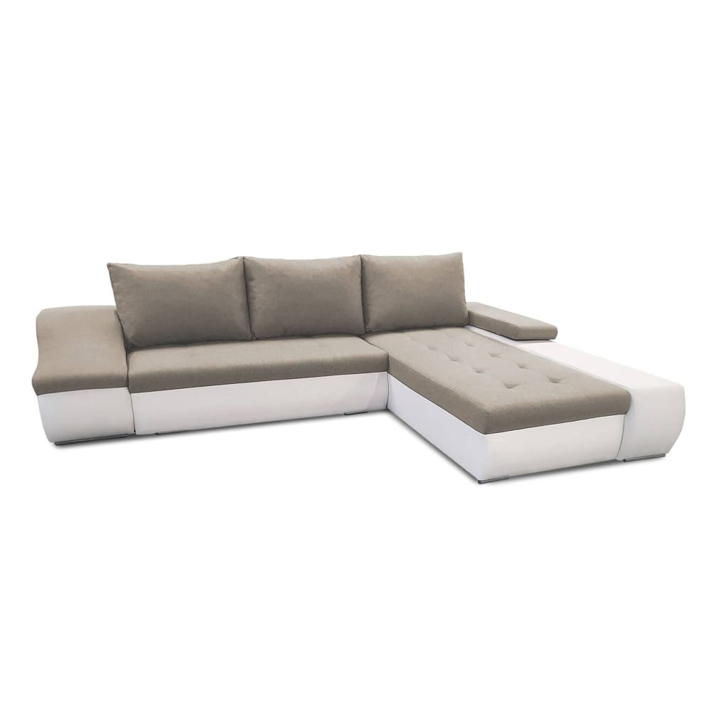 Canapé d'angle convertible 5 places en bi-matière beige, blanc