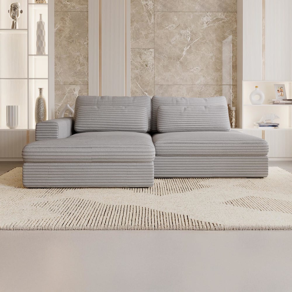 Canapé d'angle convertible coffre velours côtelé gris clair - gauche - Maisons du Monde