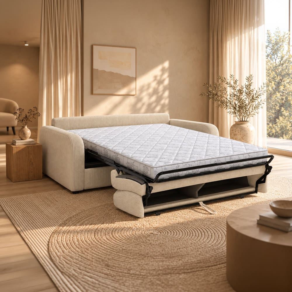 Canapé 3 places convertible velours côtelé beige matelas memory 14 cm - Maisons du Monde