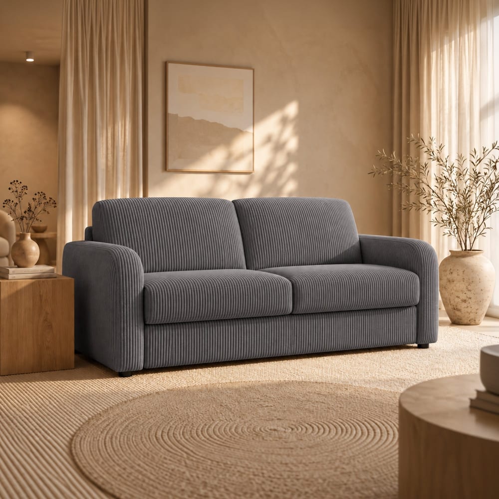 MOBILIER DECO Canapé 3 places convertible velours côtelé anthracite matelas 14 cm Gris Tissu