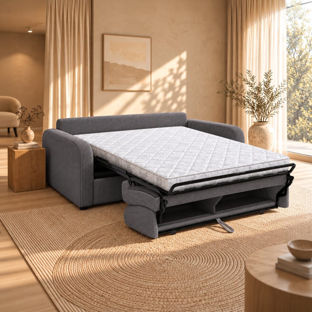 Canapé 3 places convertible velours côtelé anthracite matelas 14 cm - Maisons du Monde