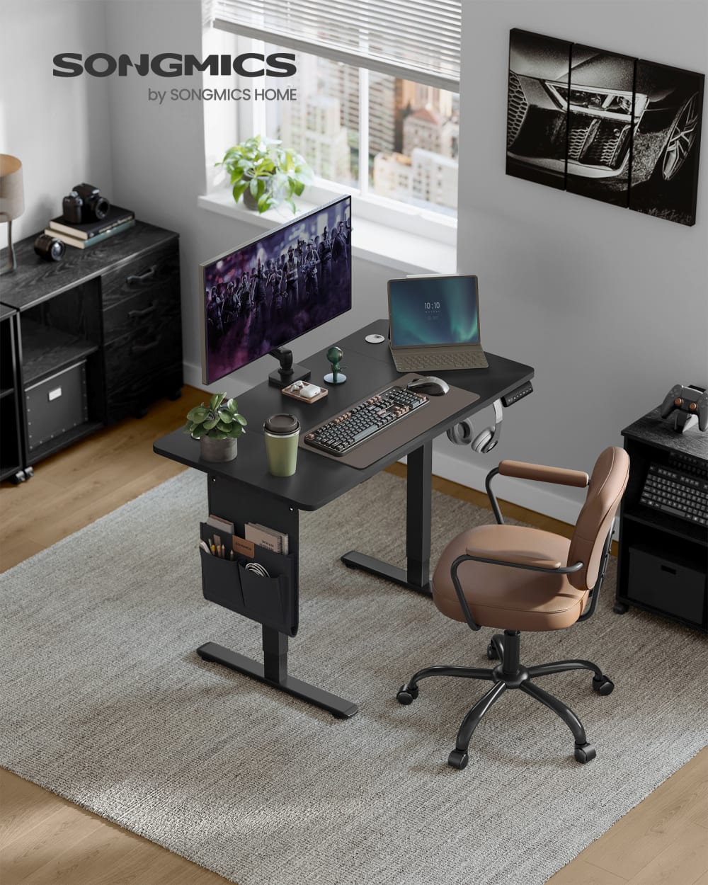 SONGMICS Bureau réglable en hauteur fonction mémoire système 120 x 60 cm noir style contemporain Noir Panneau De Particules - 120x120x60cm