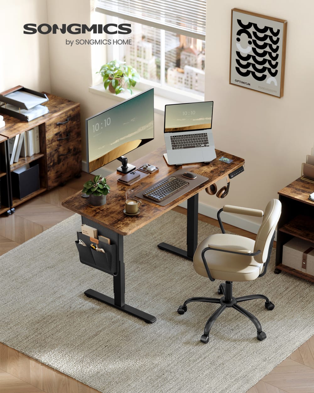 SONGMICS Bureau réglable en hauteur fonction mémoire 120 x 60 cm marron style industriel Marron Panneau De Particules - 120x120x60cm