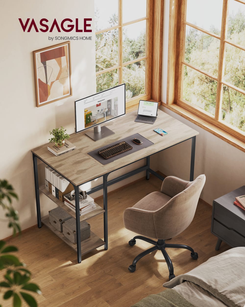 VASAGLE Bureau pour ordinateur pour chambre 120 x 60 cm marron camel et noir style industriel Marron Panneau De Particules - 120x76x60cm