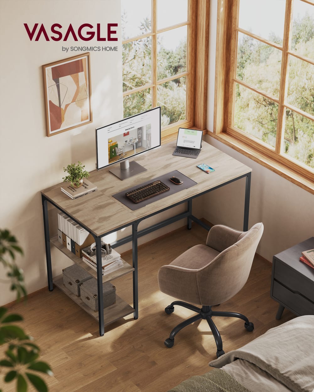 Bureau avec rangement en acier avec 2 étagères marron camel et noir