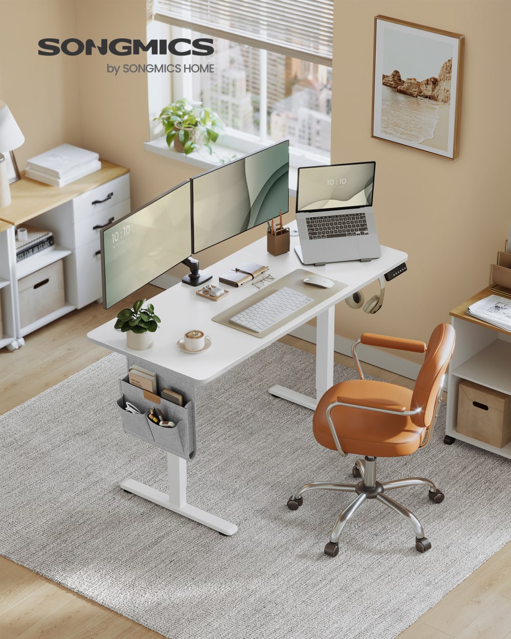 Bureau réglable en hauteur fonction mémoire port 140 x 60 cm blanc - Maisons du Monde