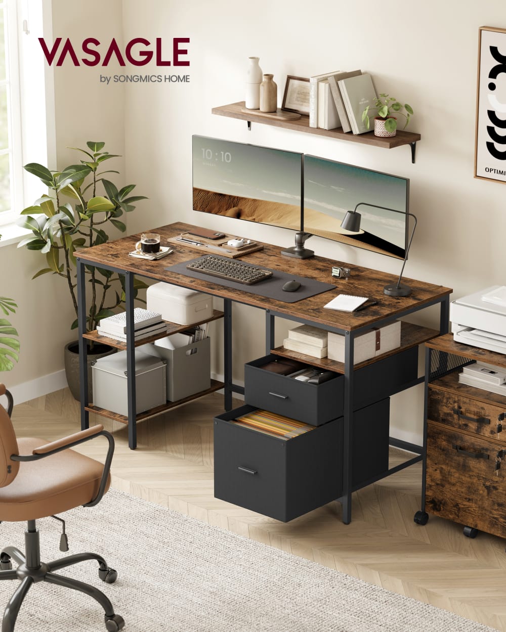 Bureau d'ordinateur avec 2 tiroirs 140 x 60 x 76 cm marron et noir - Maisons du Monde