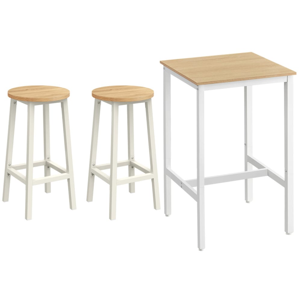 Table haute avec 2 tabourets cadre en métal chêne beige et blanc