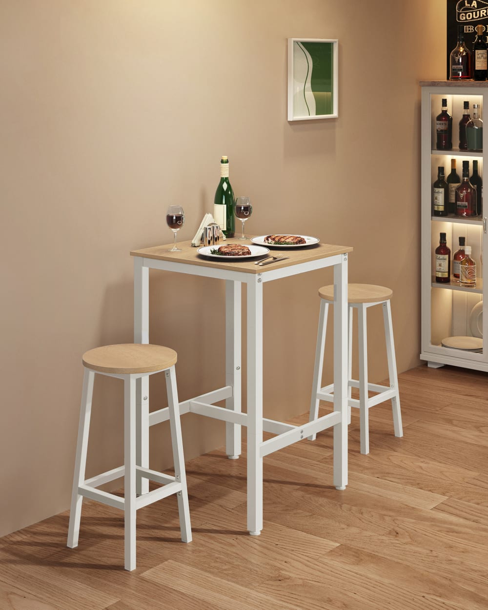 Table haute avec 2 tabourets cadre en métal chêne beige et blanc