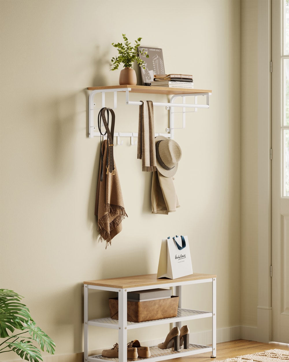 Porte-manteau avec étagères de rangement doré et blanc — vue 3