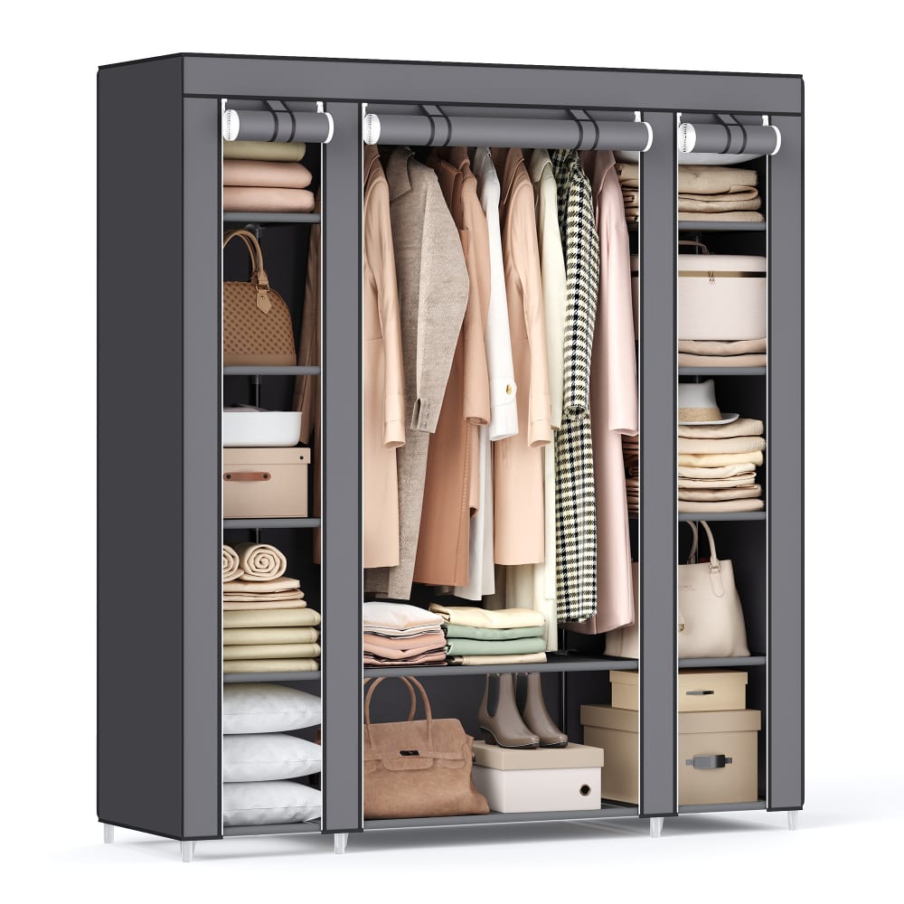SONGMICS Armoire en tissu avec 12 compartiments 150 x 45 x 175 cm gris style classique chic Gris Métal - 150x175x45cm