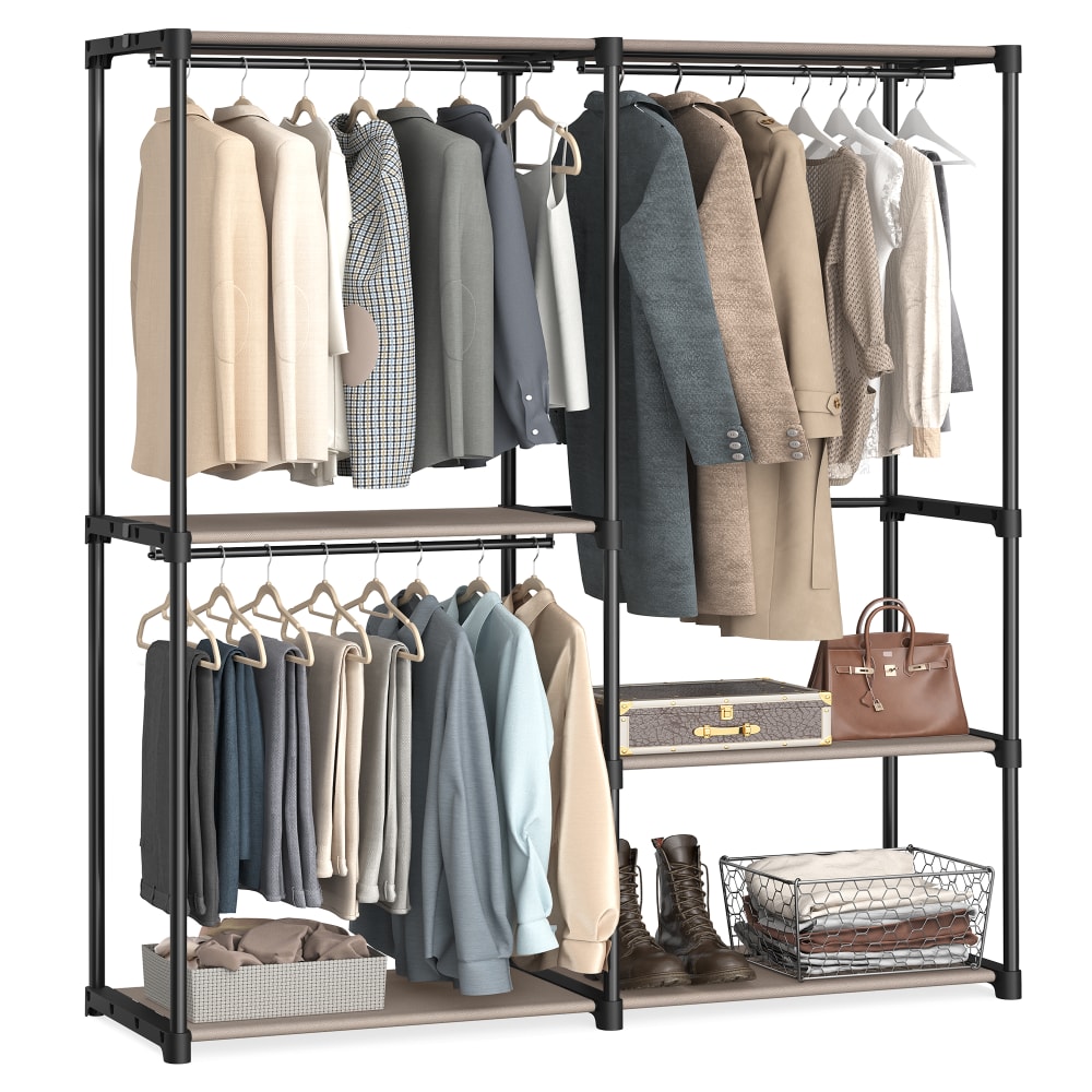 SONGMICS Dressing ouvert avec 3 barres de suspension 138 x 43 x 182 cm noir style contemporain Taupe Tissu - 138x182x43cm