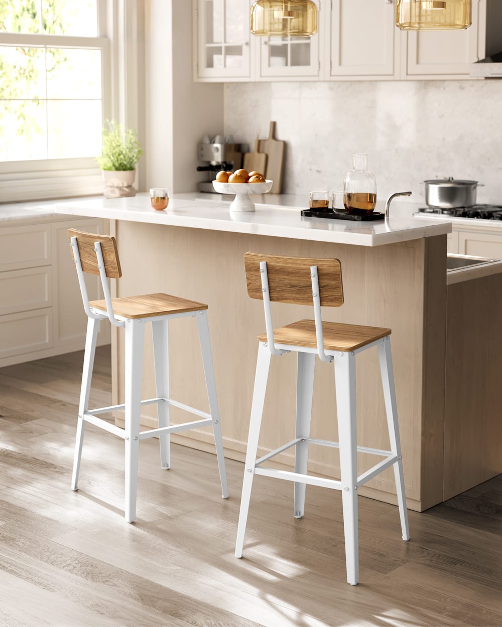 Tabourets de bar industriel lot de 4 avec dossier marron blé et blanc