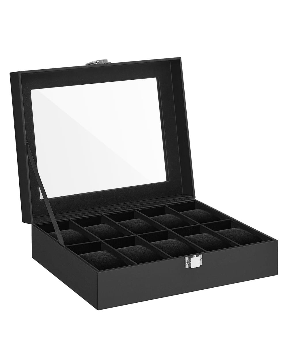 Boîte à 10 emplacements à montres couvercle en verre revêtement noir — Beyit