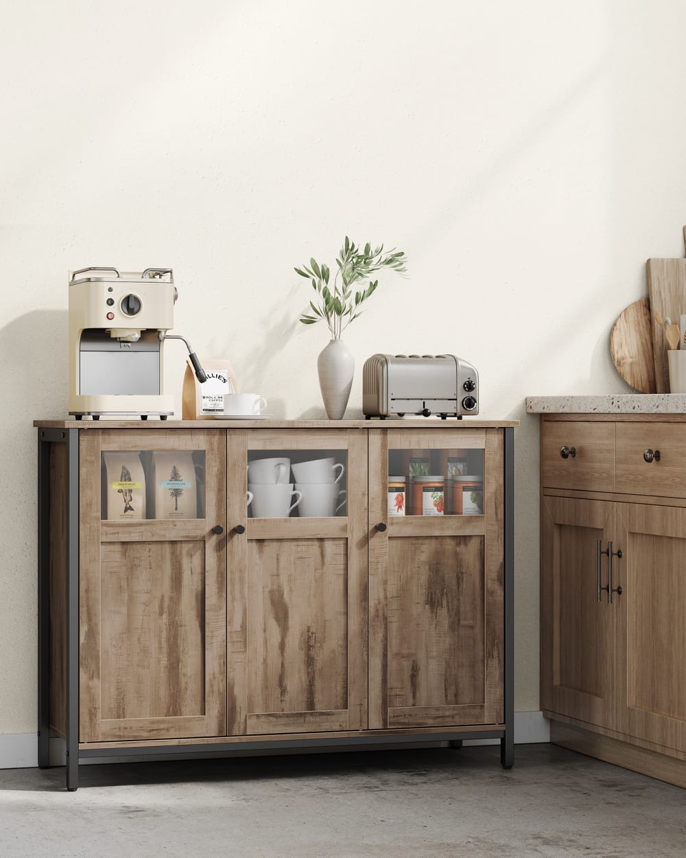 Buffet de cuisine avec 3 portes en verre style marron camel et noir
