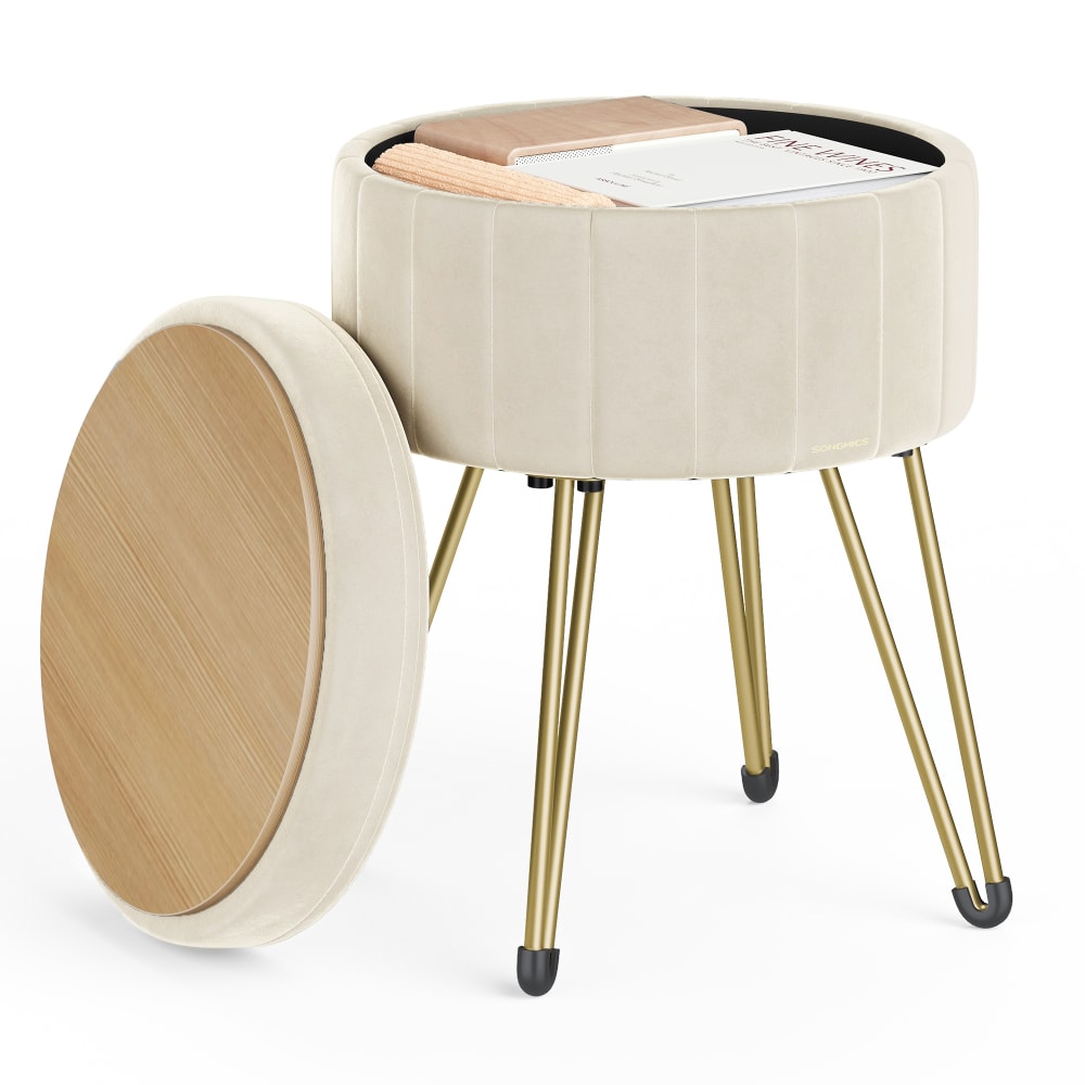 SONGMICS Tabouret de rangement rond en velours 39 cm 44.4 cm blanc et crème style contemporain Blanc Bois - 39x44x39cm
