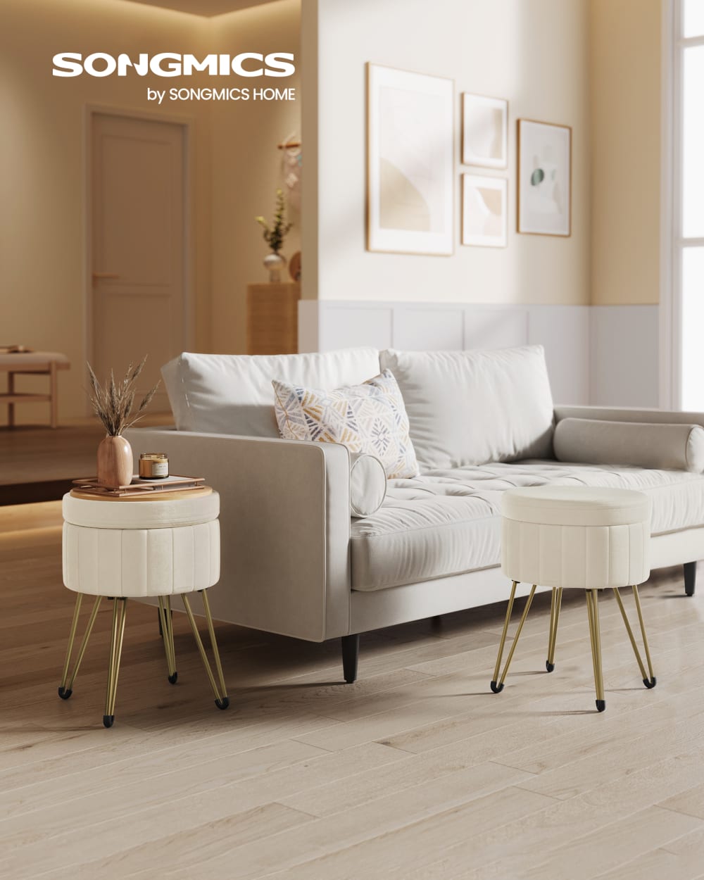 Tabouret de rangement rond en velours 39 cm 44.4 cm blanc et crème - Maisons du Monde