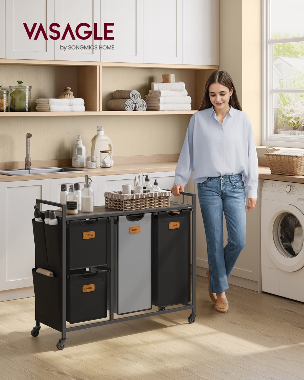 Panier à linge 4 compartiments corbeille 150 l marron noir et gris